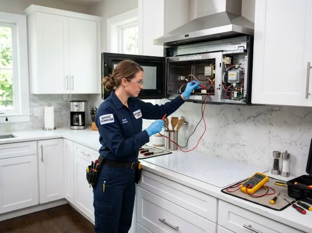 Appliance Repair Hero technician testing an over-the-range microwave in a Aguanga, CA kitchen